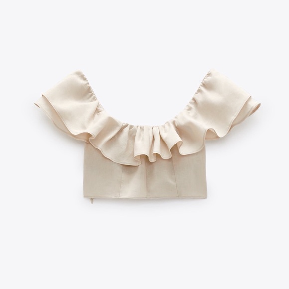 Zara NWT Cropped Ruffle Linen Blend Top Medium Beige Bloggers Fav - Picture 9 of 10